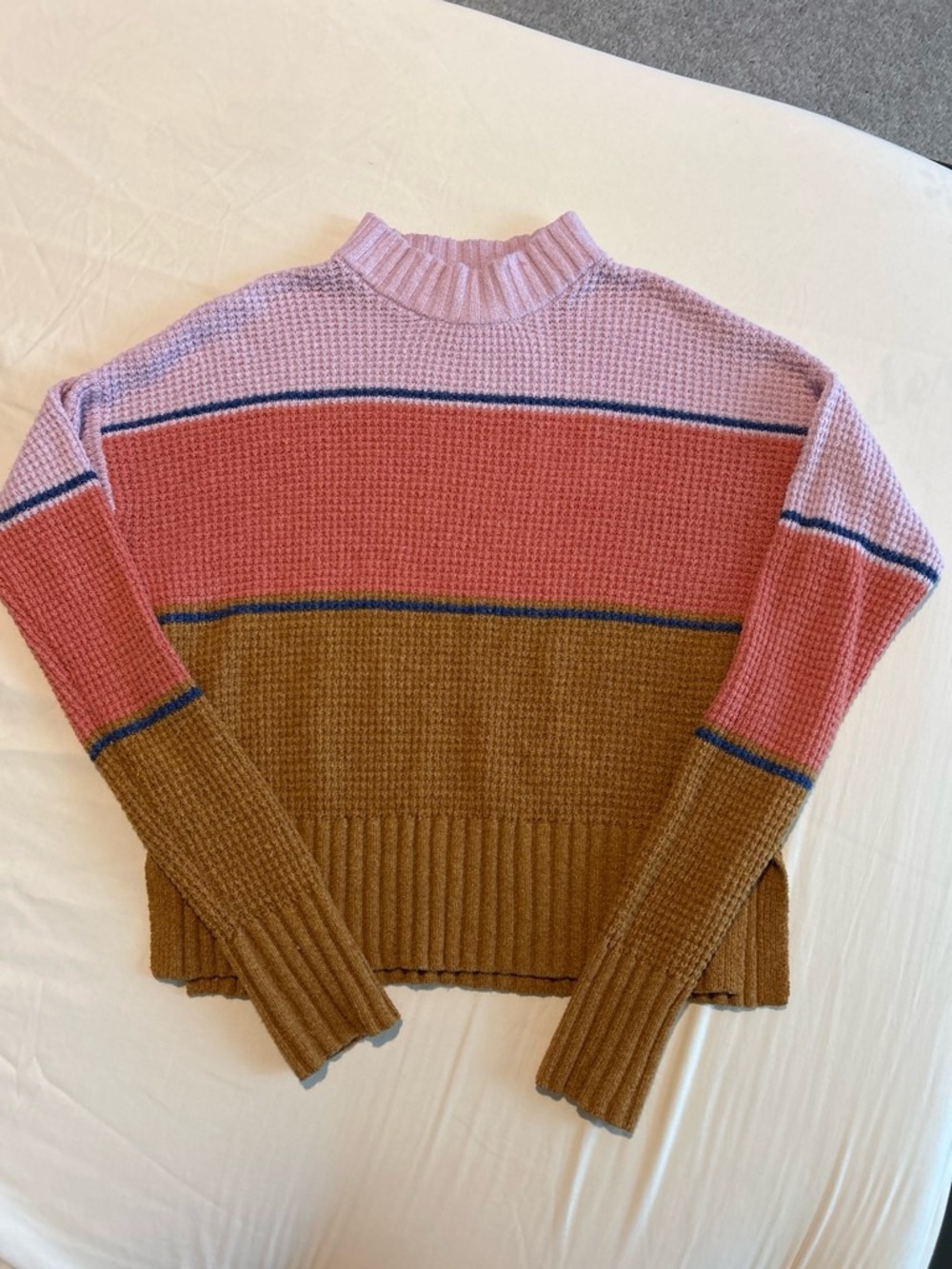 SO Colorblock Ribbed Mock-Neck Sweater in Pink, Rust & Blue Trim
